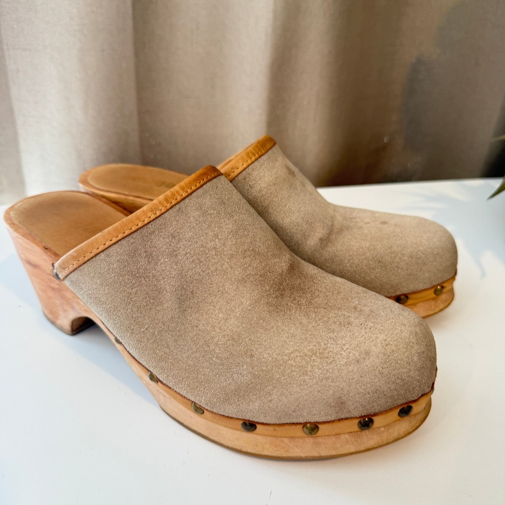 90s Womens Tan Suede Wooden Platform Clogs Studded Mule Shoes Made Brazil